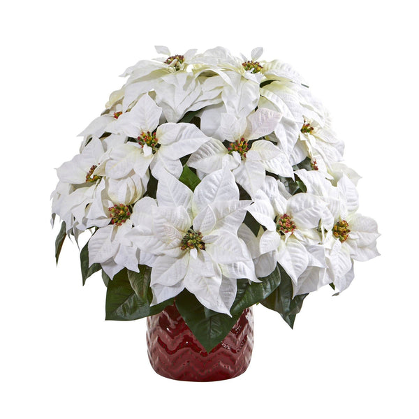 21” White Poinsettia Artificial Arrangement in Red Vase