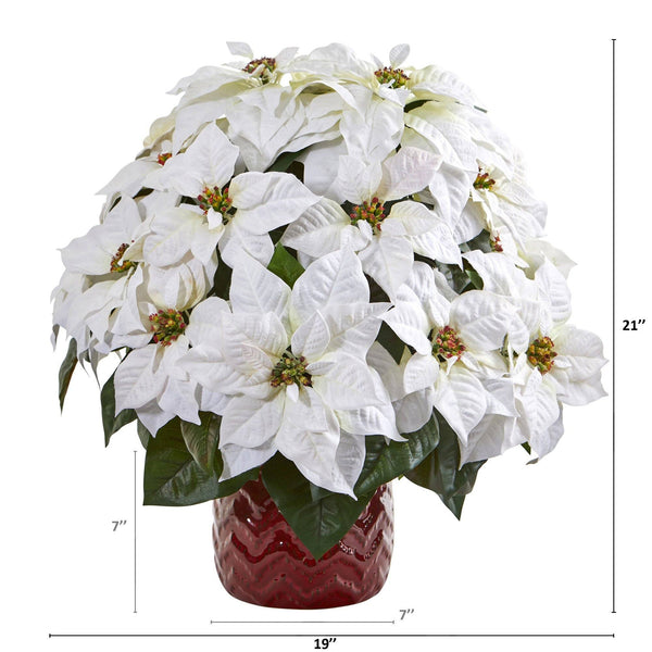 21” White Poinsettia Artificial Arrangement in Red Vase