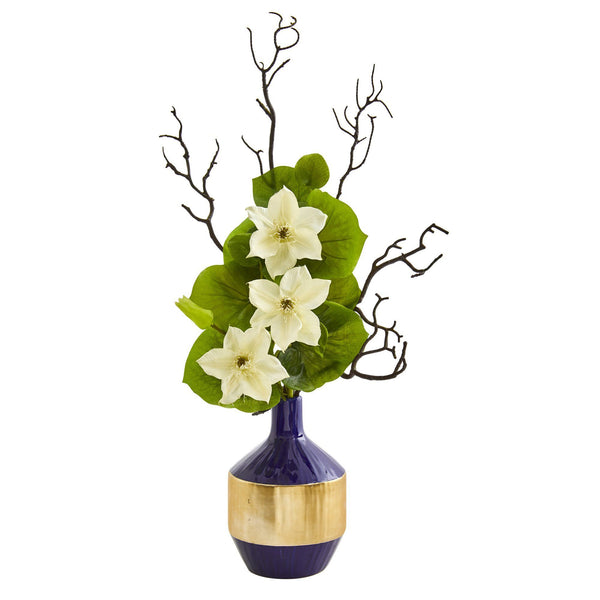 22” Anemone and Lotus Leaf Artificial Arrangement in Vase