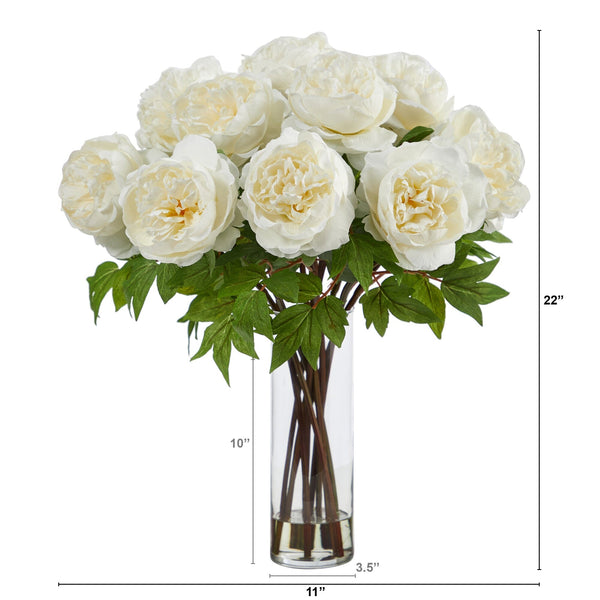 22” Artificial Peony Arrangement with Cylinder Glass Vase