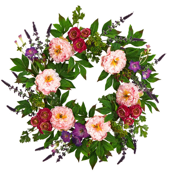 22” Assorted Peony Artificial Wreath
