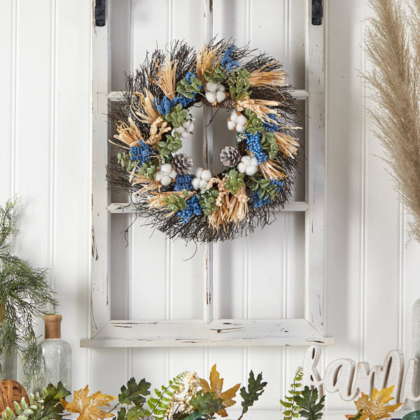 22” Autumn Cotton, Eucalyptus, Berries and Pinecones Artificial Fall Wreath