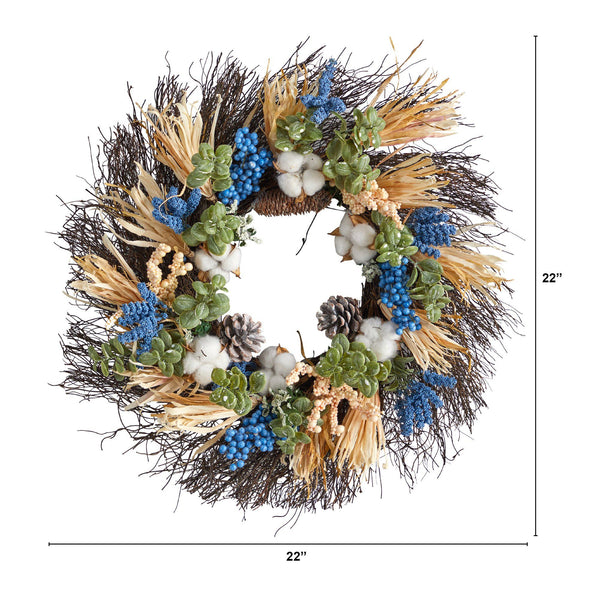 22” Autumn Cotton, Eucalyptus, Berries and Pinecones Artificial Fall Wreath