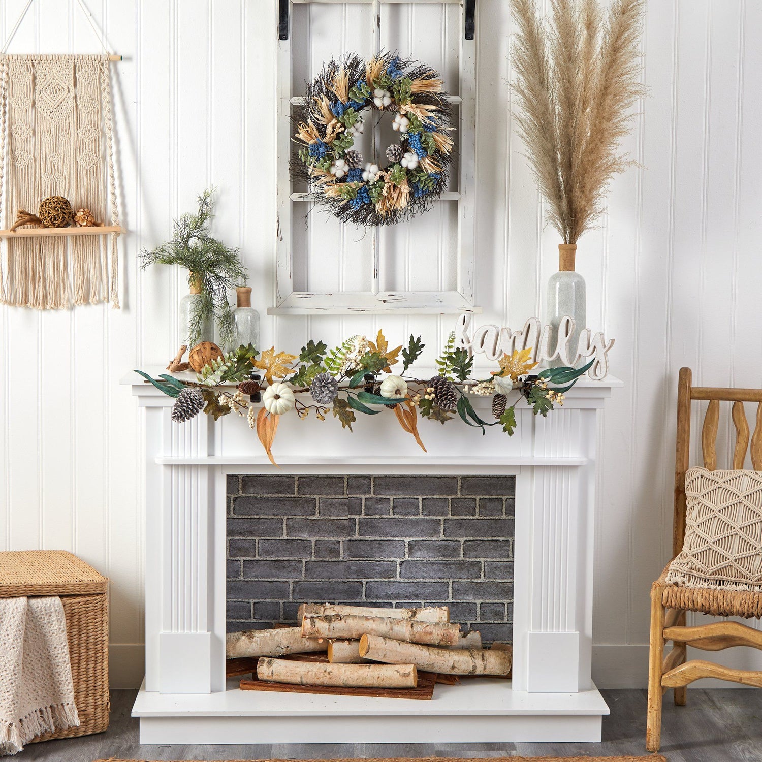 22” Autumn Cotton, Eucalyptus, Berries and Pinecones Artificial Fall Wreath