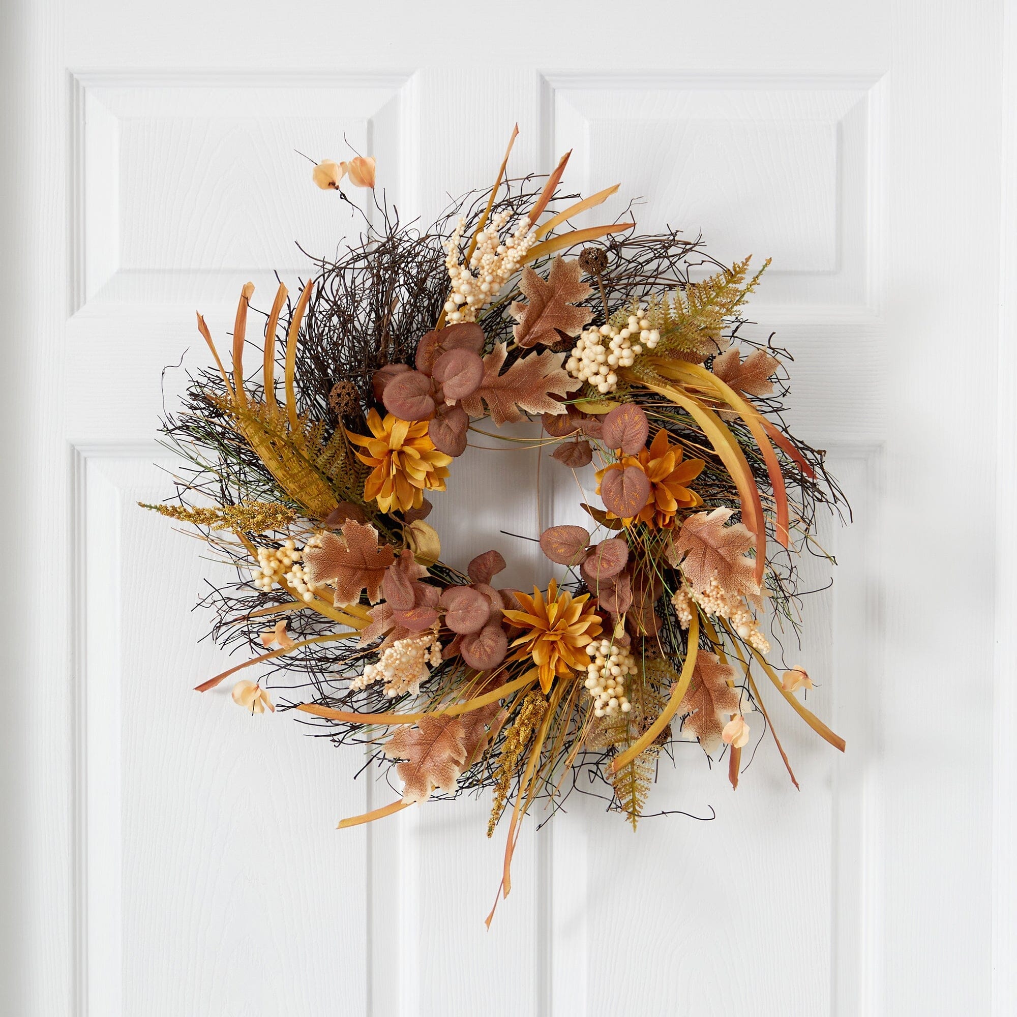 22” Autumn Dahlia and Berries Artificial Fall Wreath | Nearly Natural