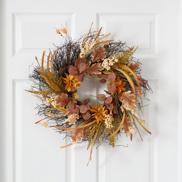 22” Autumn Dahlia and Berries Artificial Fall Wreath