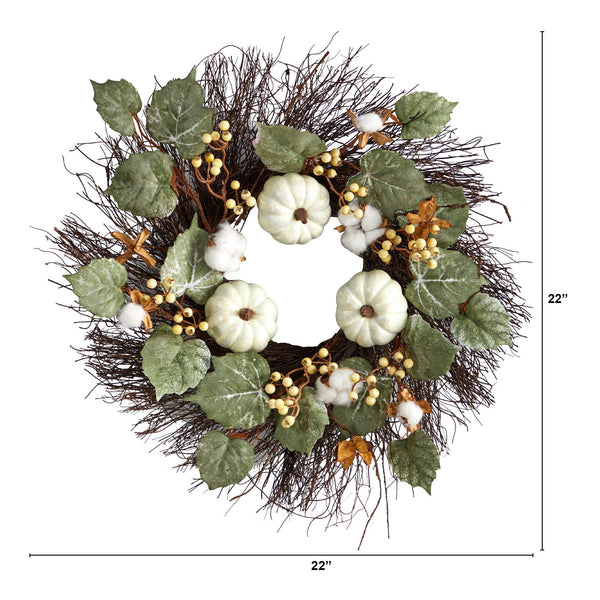 22” Autumn Green Pumpkin, Cotton and Berries Artificial Fall Wreath