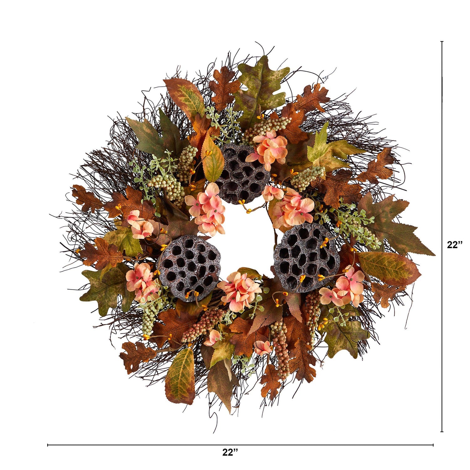 22” Autumn Hydrangea, Dried Lotus Pod Artificial Fall Wreath