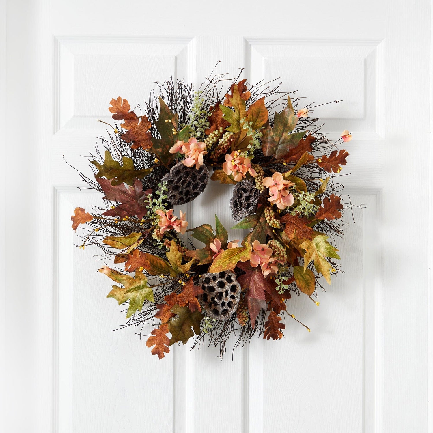 22” Autumn Hydrangea, Dried Lotus Pod Artificial Fall Wreath