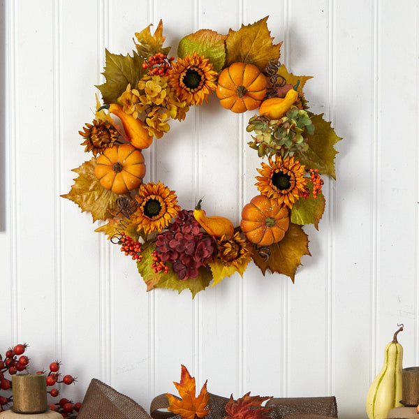 22” Autumn Hydrangea, Pumpkin and Sunflower Artificial Fall Wreath