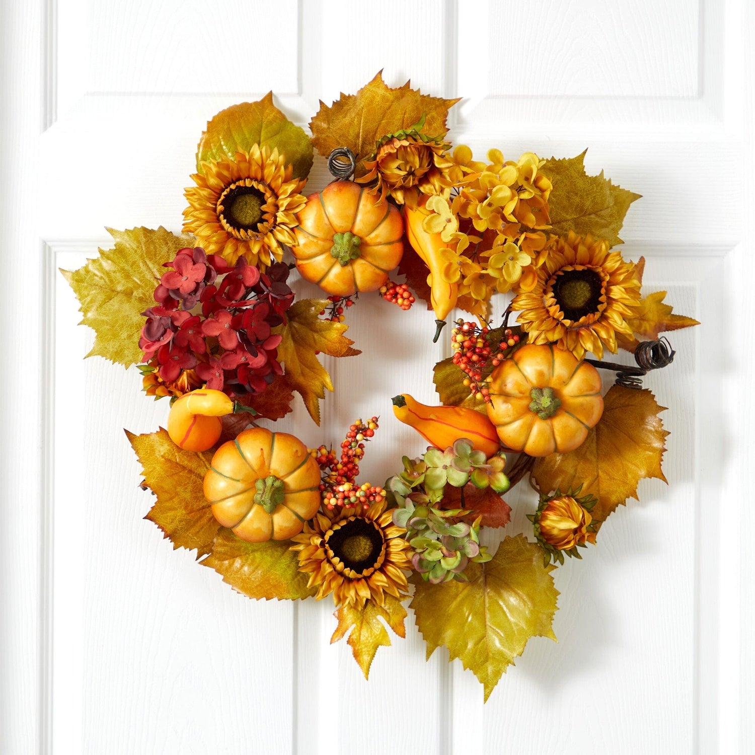 22” Autumn Hydrangea, Pumpkin and Sunflower Artificial Fall Wreath