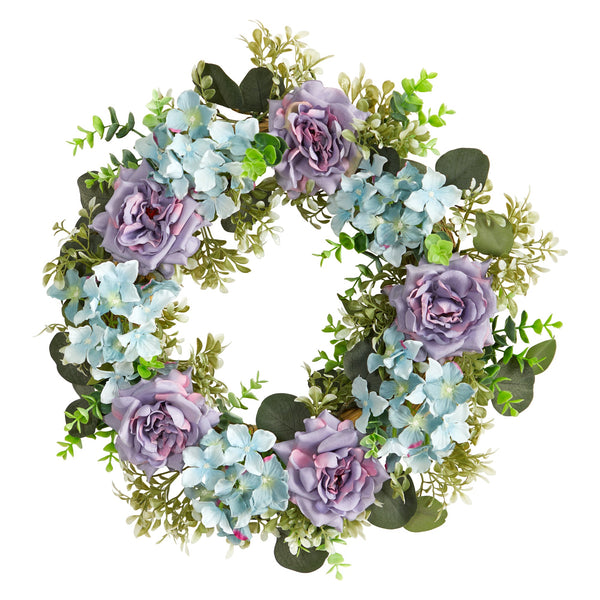22” Blue Hydrangea and Purple Rose Artificial Wreath