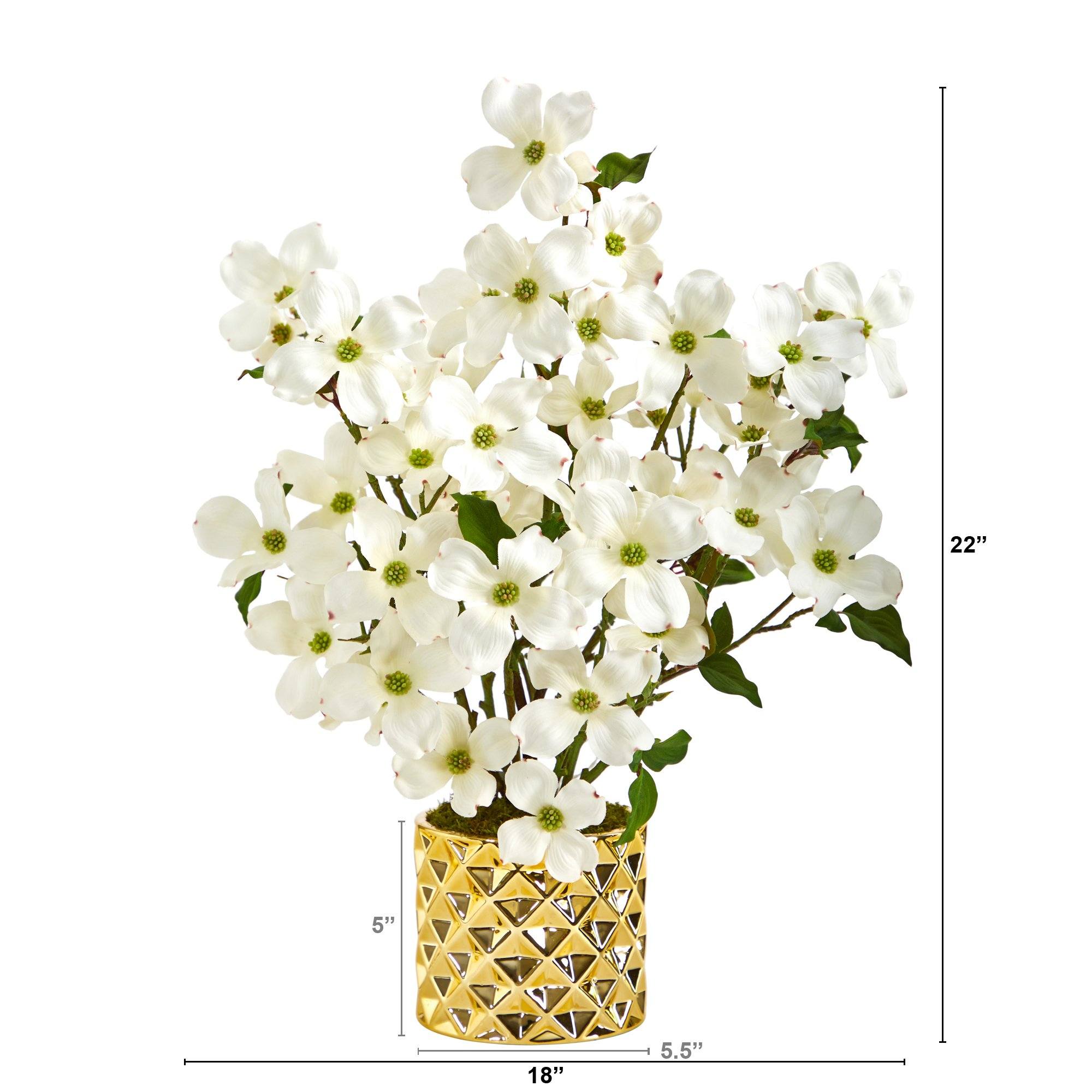 22” Dogwood Artificial Arrangement in Gold Vase | Nearly Natural