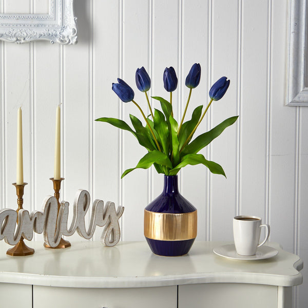 22” Dutch Tulip Artificial Arrangement in Blue and Gold Designer Vase