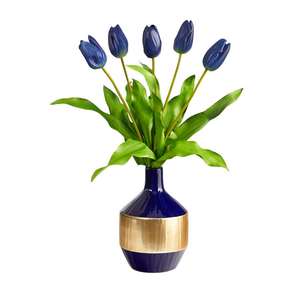 22” Dutch Tulip Artificial Arrangement in Blue and Gold Designer Vase