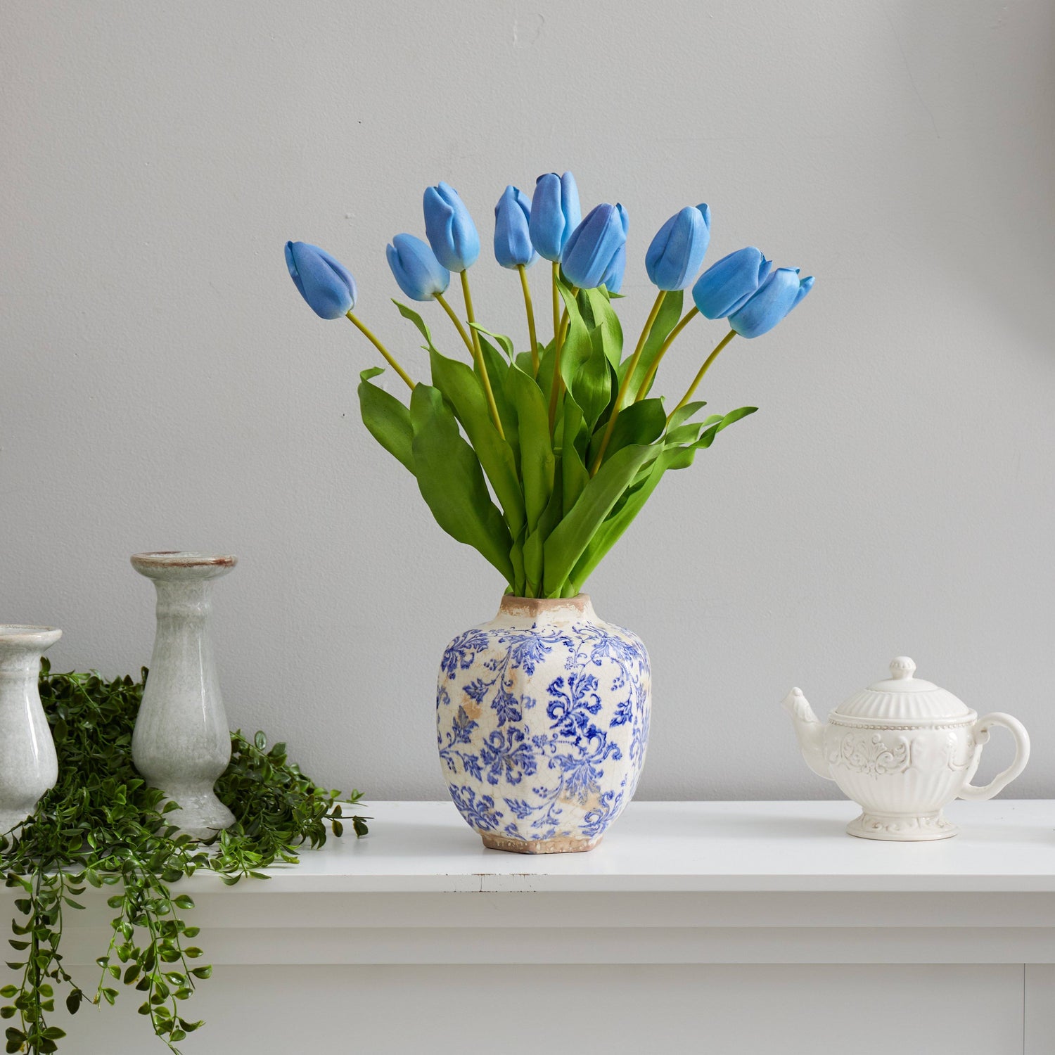 22” Dutch Tulip Artificial Arrangement in Blue and White Print Planter