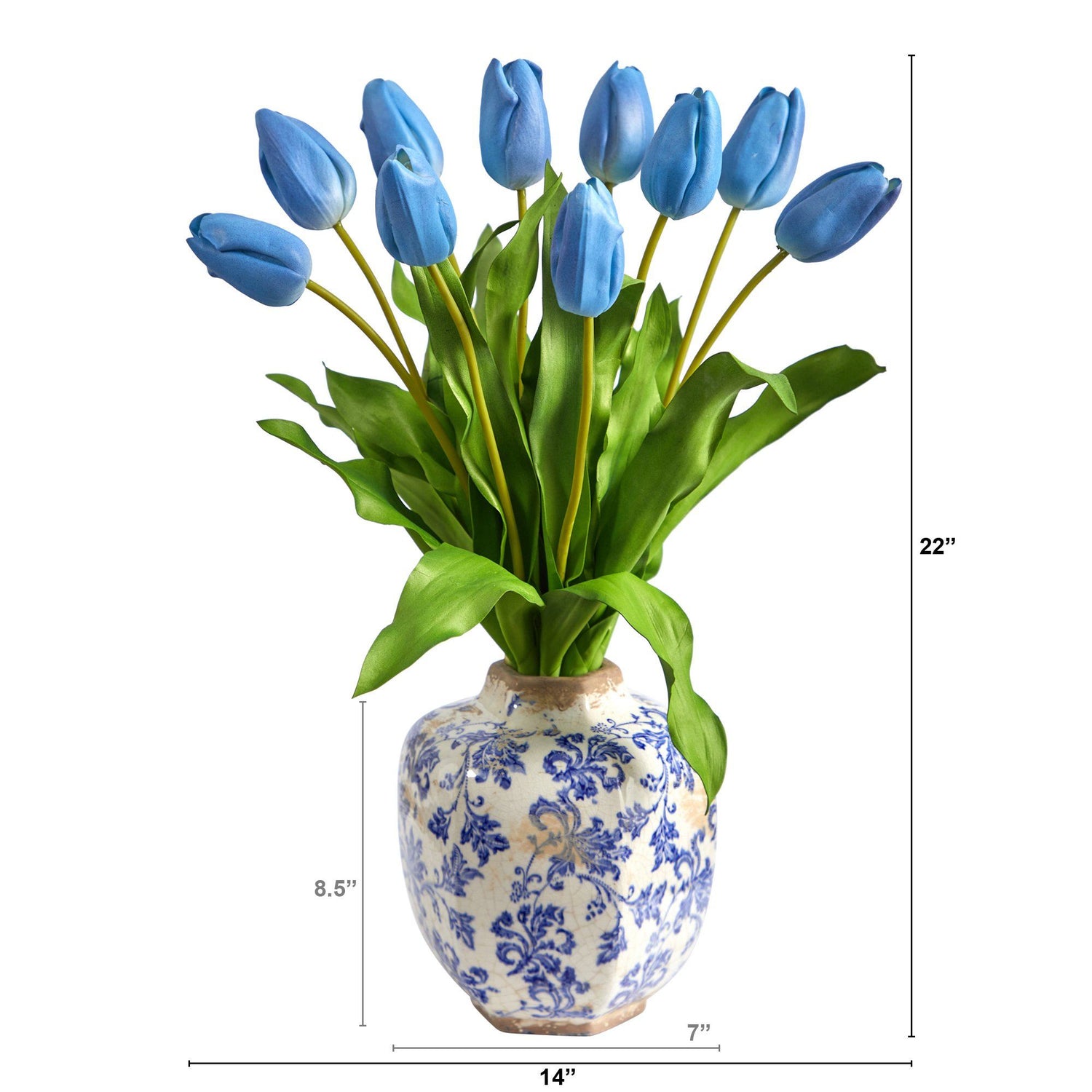 22” Dutch Tulip Artificial Arrangement in Blue and White Print Planter