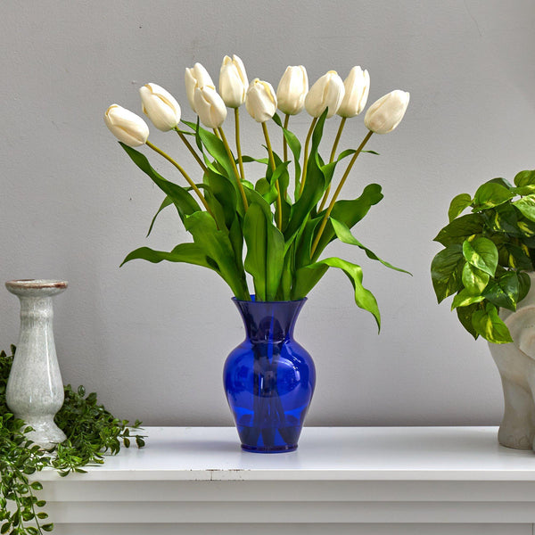 22” Dutch Tulip Artificial Arrangement in Blue Colored Vase