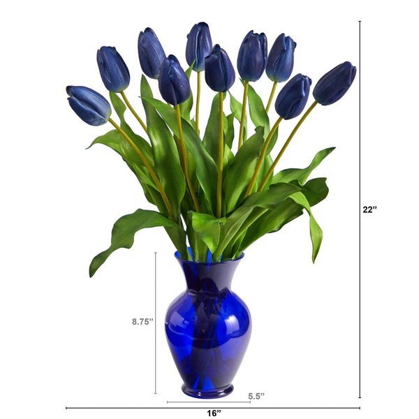 22” Dutch Tulip Artificial Arrangement in Blue Colored Vase