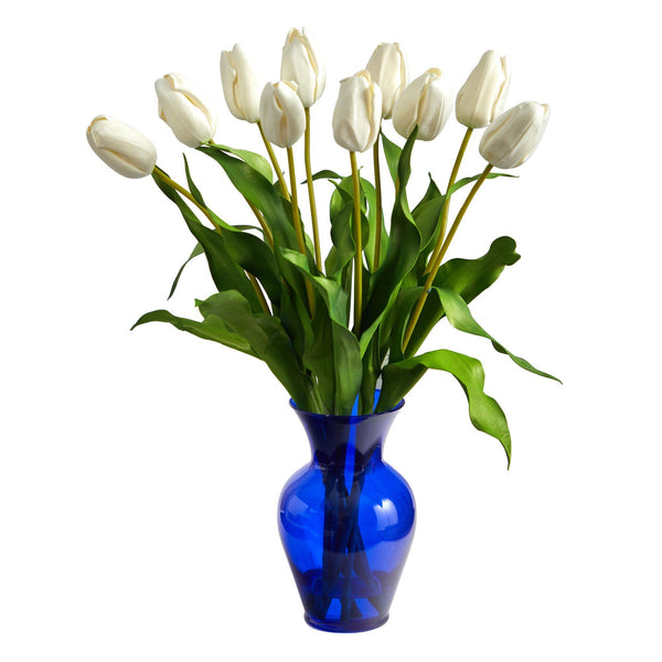 22” Dutch Tulip Artificial Arrangement in Blue Colored Vase