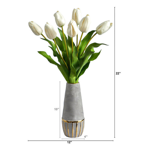 22” Dutch Tulip Artificial Arrangement in Stoneware Vase with Gold Trimming