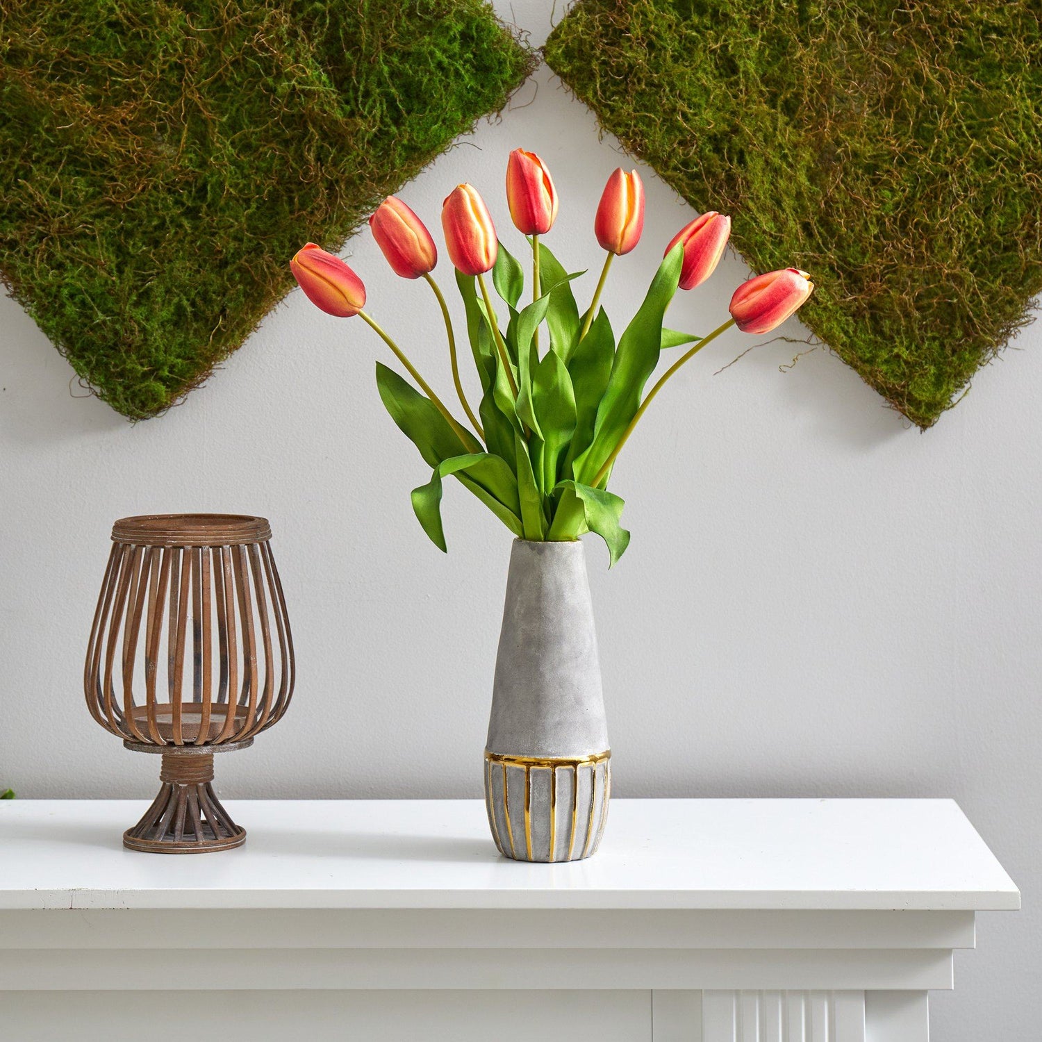 22” Dutch Tulip Artificial Arrangement in Stoneware Vase with Gold Trimming