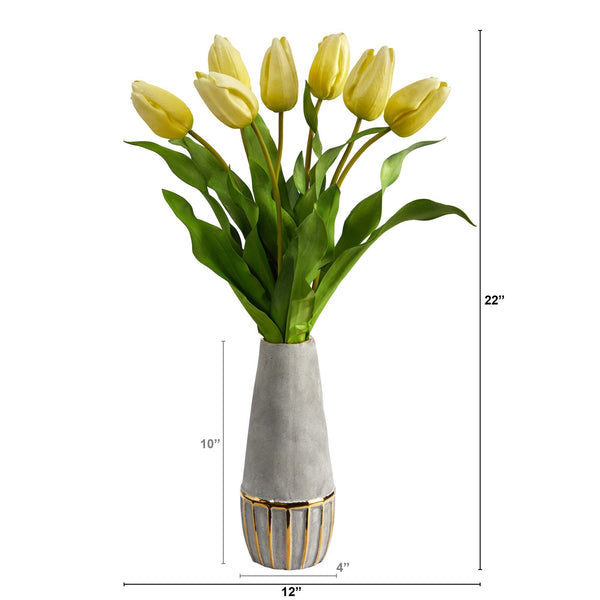 22” Dutch Tulip Artificial Arrangement in Stoneware Vase with Gold Trimming