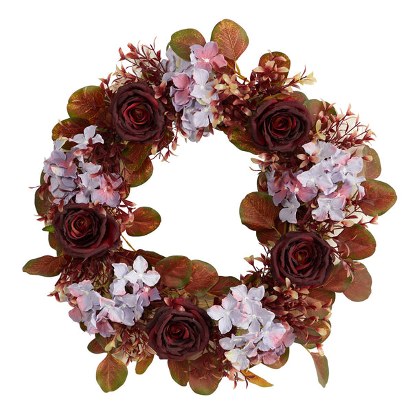 22” Fall Hydrangea and Rose Autumn Artificial Wreath