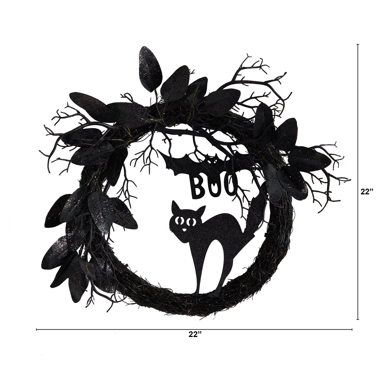 22” Halloween Black Cat and Bat Boo Twig Wreath