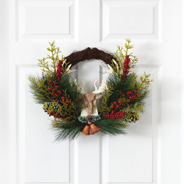 22” Holiday Christmas Woodland Deer, Pine Cones and Berries Wreath