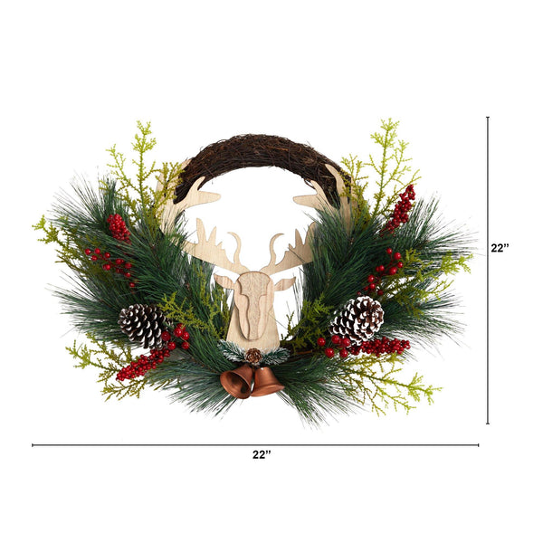 22” Holiday Christmas Woodland Deer, Pine Cones and Berries Wreath