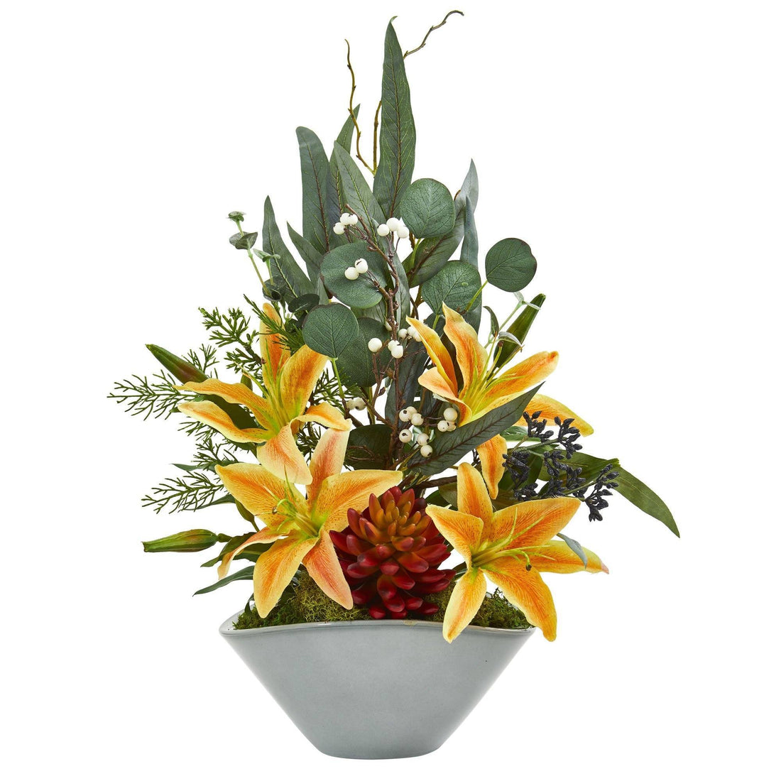 eucalyptus and succulents 22” Lilies, Succulent and Eucalyptus Artificial Arrangement
