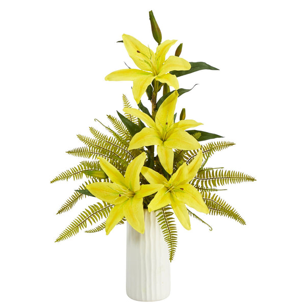 22” Lily and Fern Artificial Arrangement in White Vase