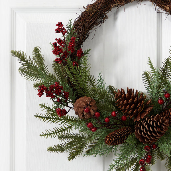22” Mixed Pine and Cedar with Berries and Pine Cones Artificial Wreath