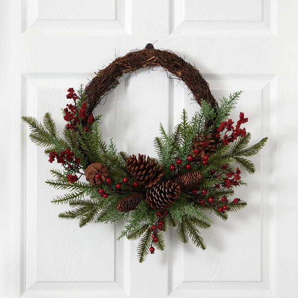22” Mixed Pine and Cedar with Berries and Pine Cones Artificial Wreath