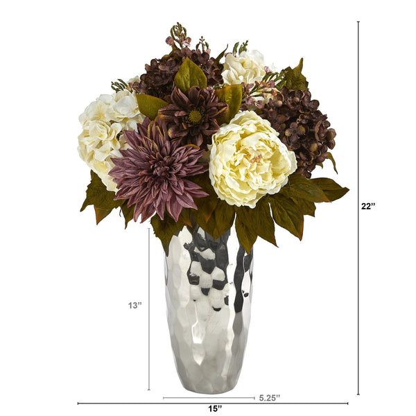 22” Peony, Hydrangea and Dahlia Artificial Arrangement in Silver Vase