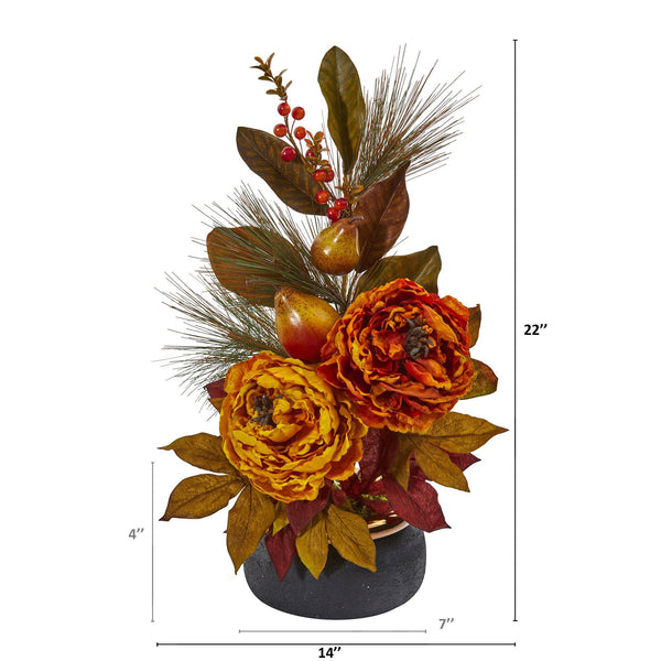 22” Peony, Pear and Magnolia Leaf Artificial Arrangement in Black Vase with Copper Rim