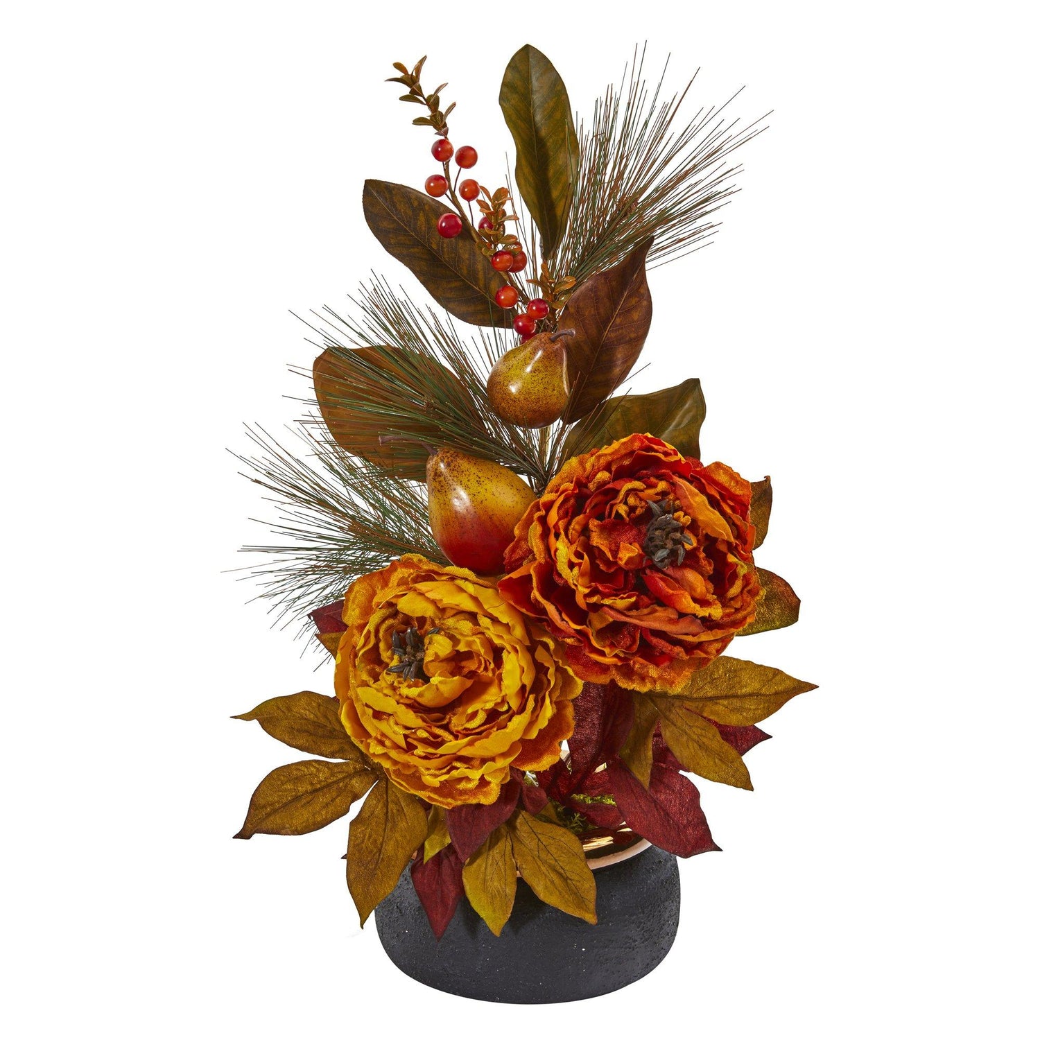 22” Peony, Pear and Magnolia Leaf Artificial Arrangement in Black Vase with Copper Rim