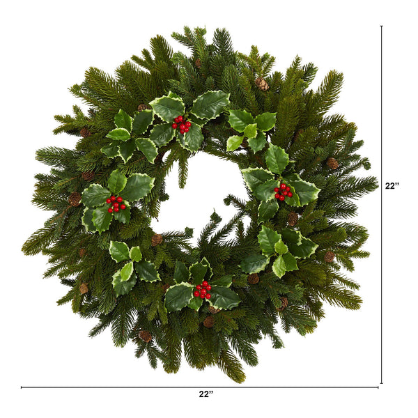22” Pine, Pinecone and Variegated Holly Leaf Artificial Wreath