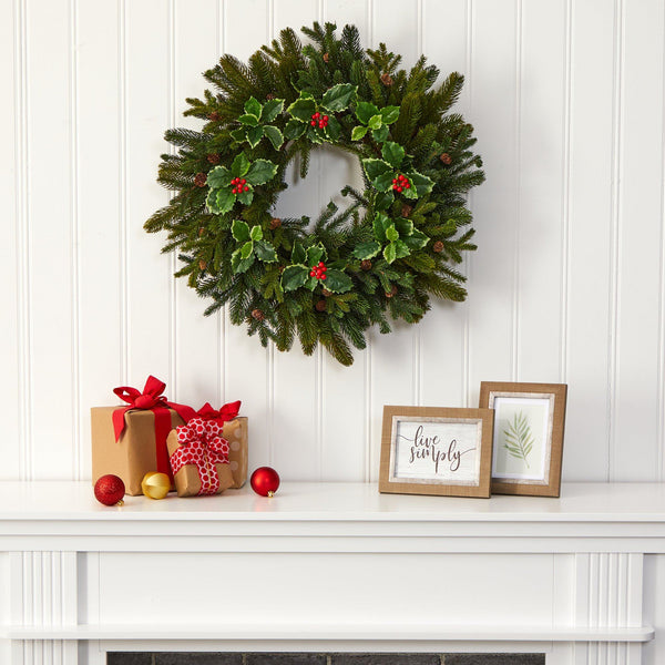 22” Pine, Pinecone and Variegated Holly Leaf Artificial Wreath