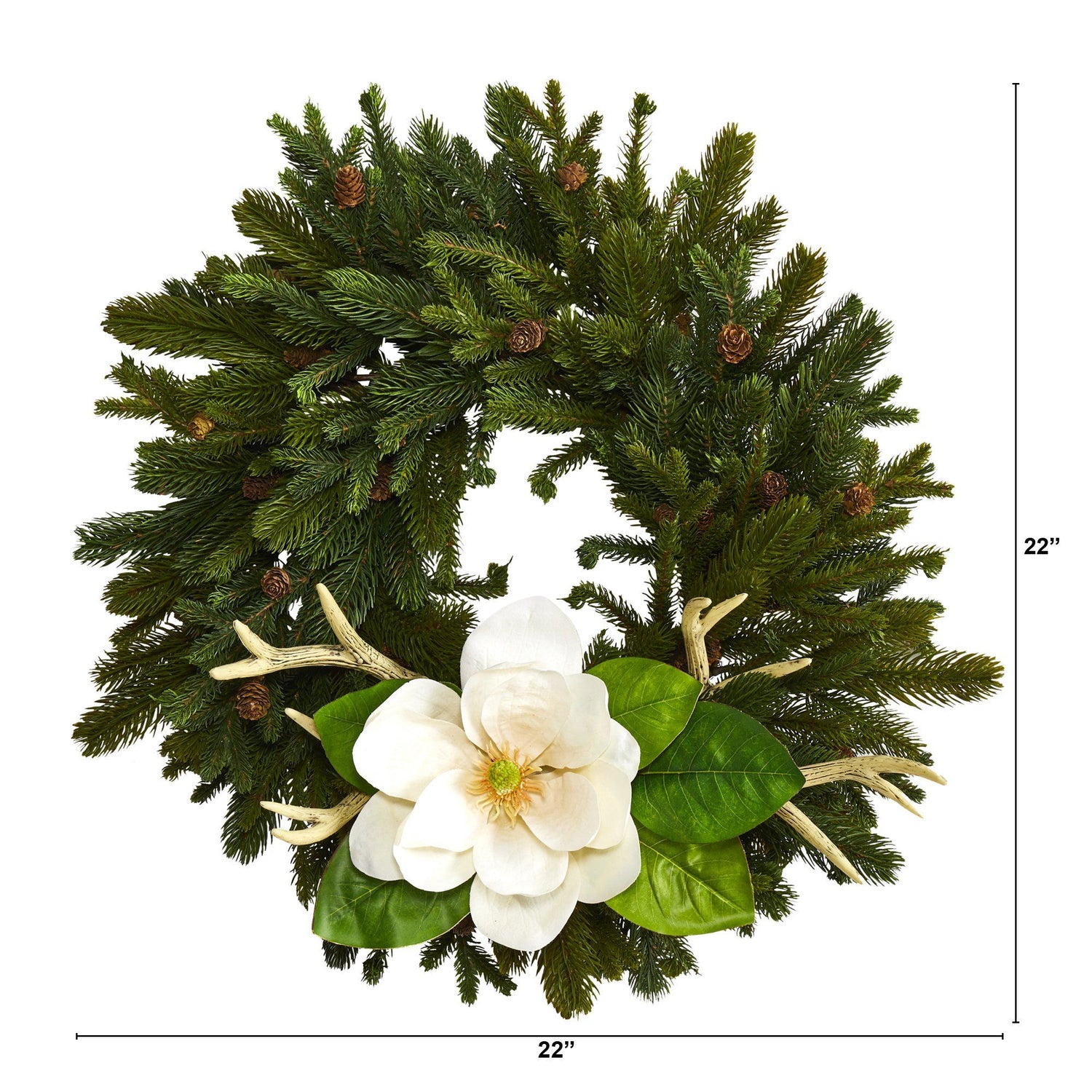 22” Pine, Pinecone, Magnolia and Antler Artificial Wreath