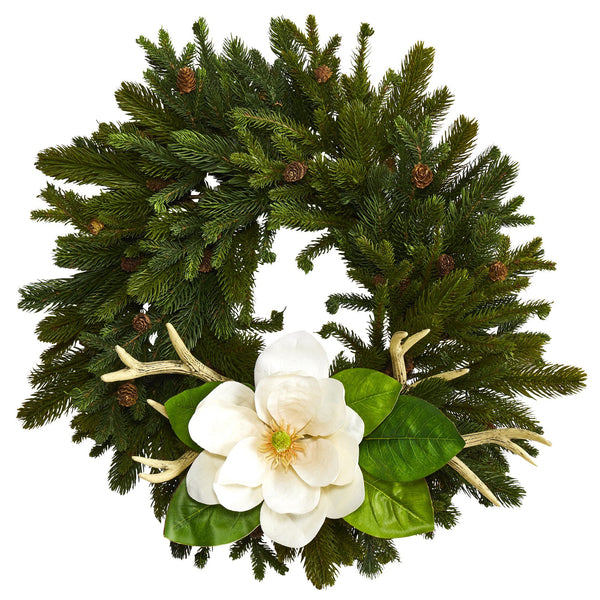22” Pine, Pinecone, Magnolia and Antler Artificial Wreath