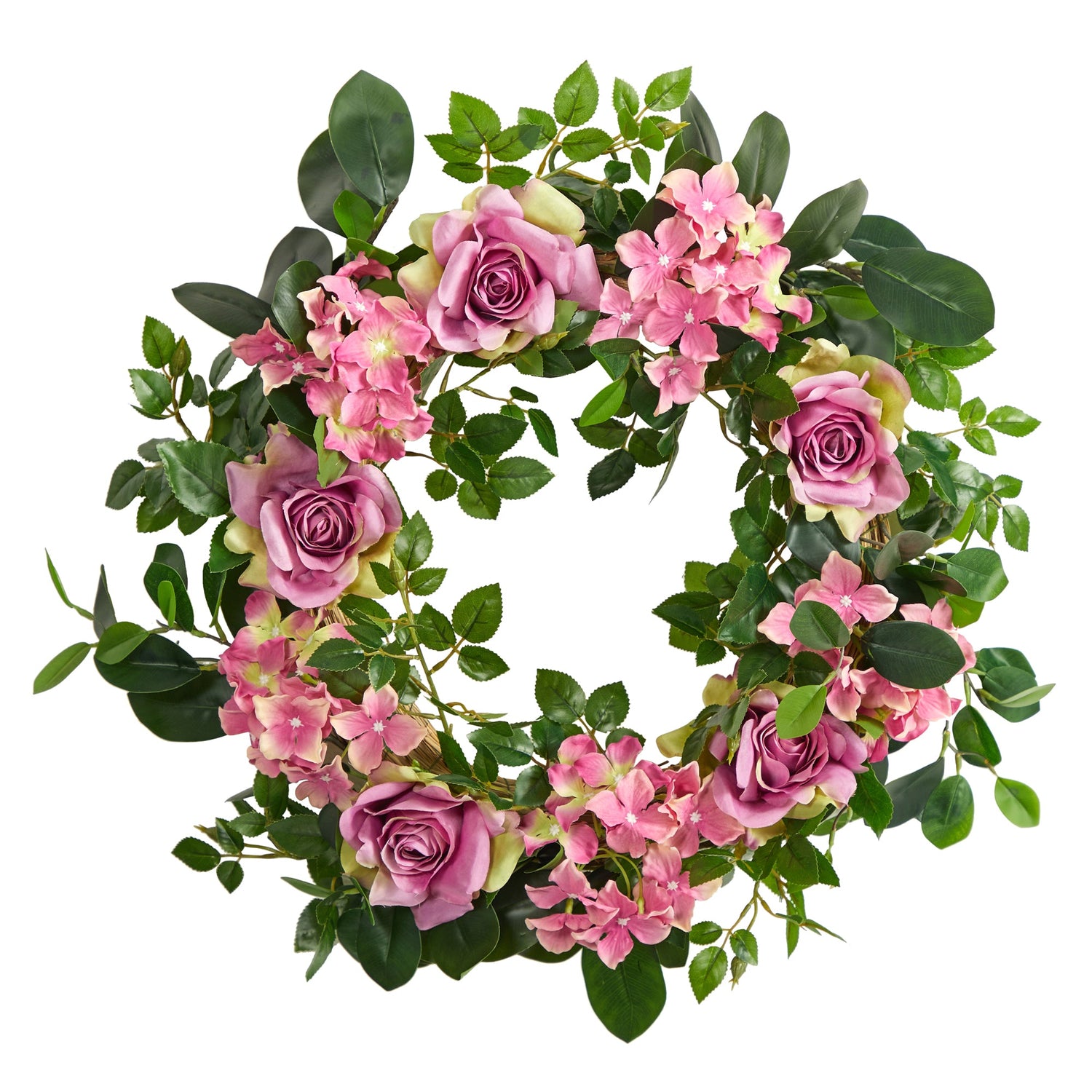 22” Pink Hydrangea and Rose Artificial Wreath