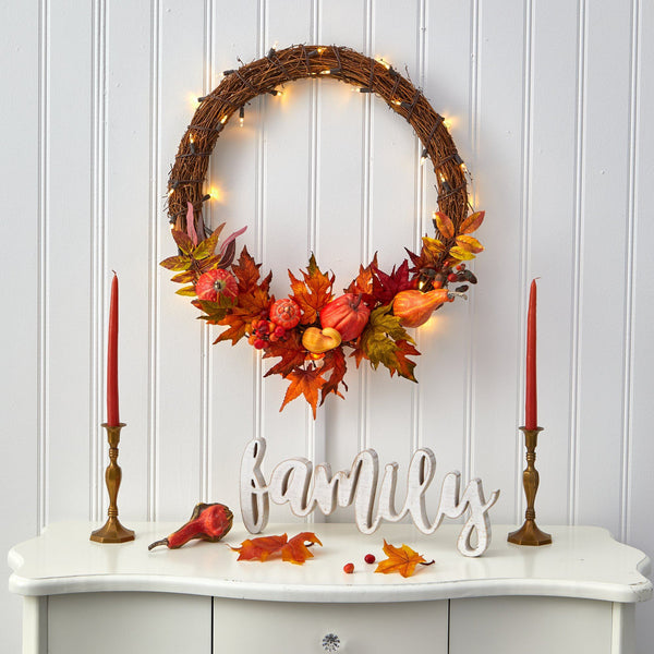 22” Pumpkin and Maple Artificial Autumn Wreath with 50 Warm White LED Lights