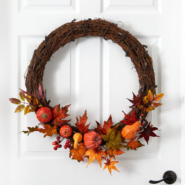 22” Pumpkin and Maple Artificial Autumn Wreath with 50 Warm White LED Lights