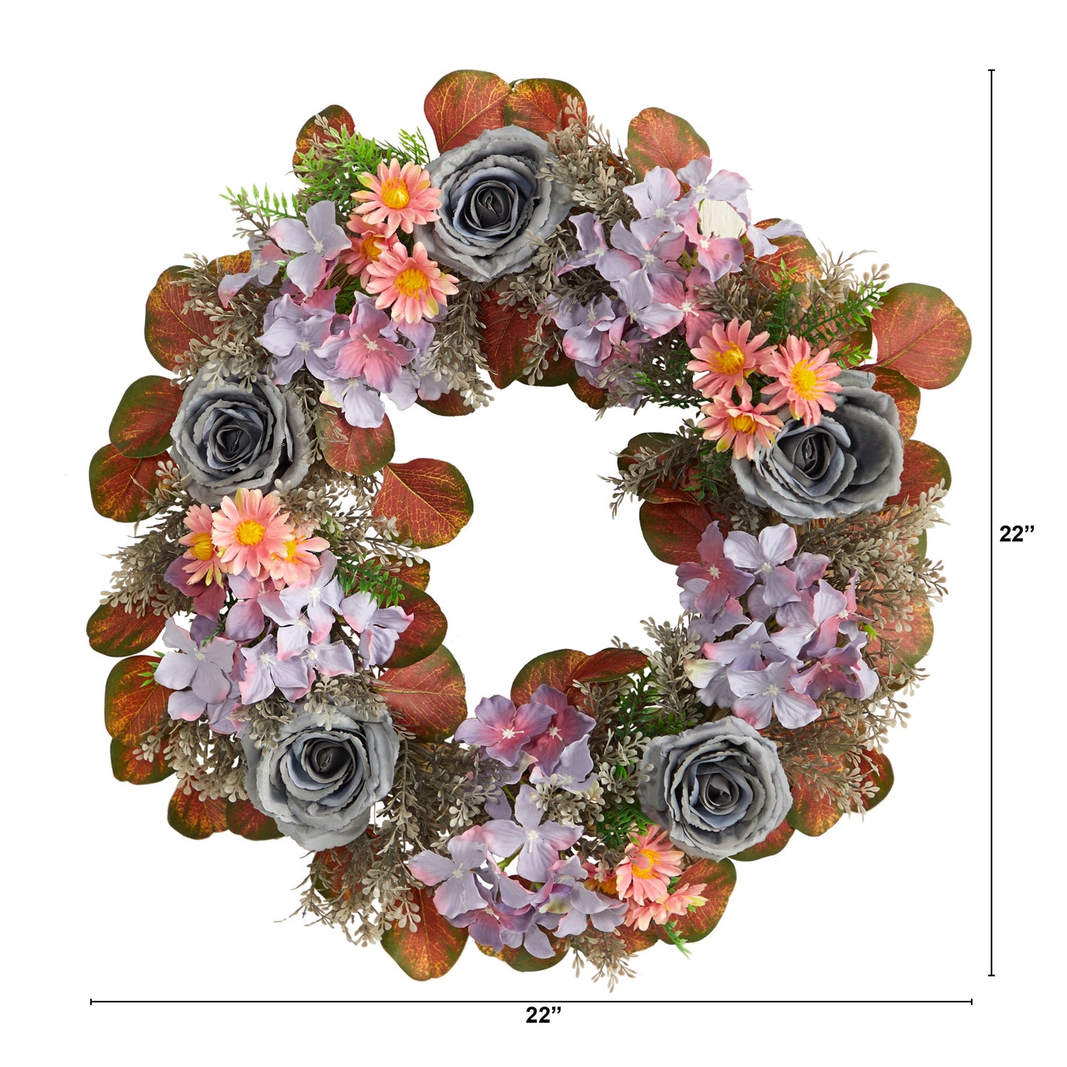 22” Silver Rose and Purple Hydrangea Artificial Wreath