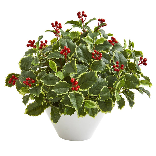 22” Variegated Holly Leaf Artificial Plant in White Vase (Real Touch)