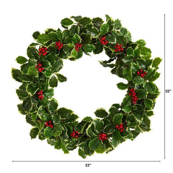 22” Variegated Holly Leaf with Berries Artificial Christmas Wreath