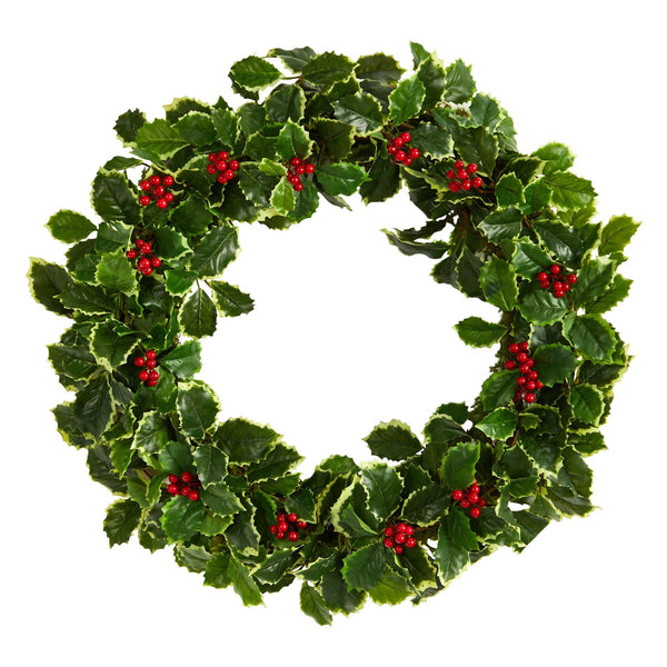 22” Variegated Holly Leaf with Berries Artificial Christmas Wreath