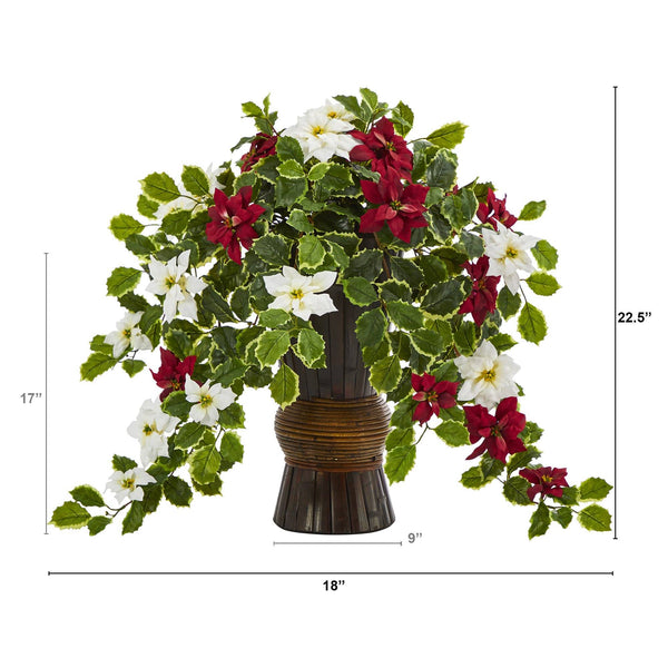 22.5” Poinsettia and Holly Artificial Plant in Decorative Planter (Real Touch)
